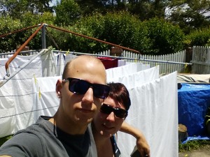 hanging the sheets and towels on the line... personal protective equipment needed = sunglasses!!