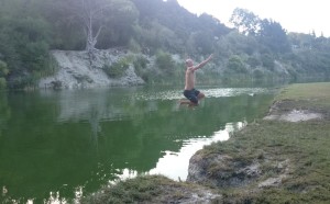 Junmping in the waterhole, Warkworth, Old cement works